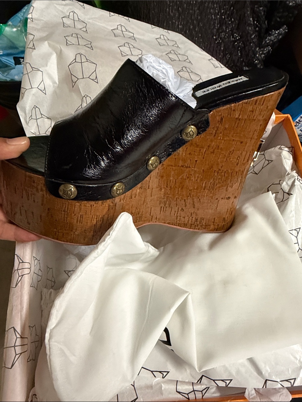 Naked Wolfe Black Leather Cork Platform Wedge Mules